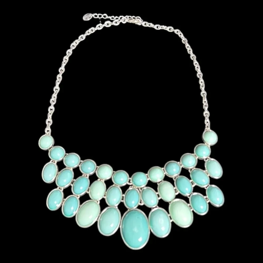 Francesca’s Faux Acrylic Turquoise Blue Silver Tone Chain Fashion Necklace 17